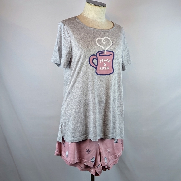Life Is Good PJ Set Short Sleeve Top Shorts Peace & Love Coffee Grey Pink L NWT - Picture 5 of 12